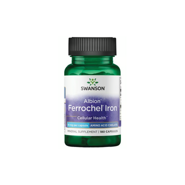 Swanson Albion Ferrochel Iron 18 mg, labeled for cellular health, comes in a bottle containing 180 capsules.